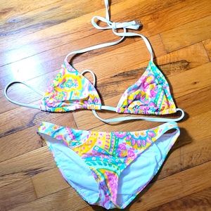 LAST CALL  70s floral pink retro multi color bikini small